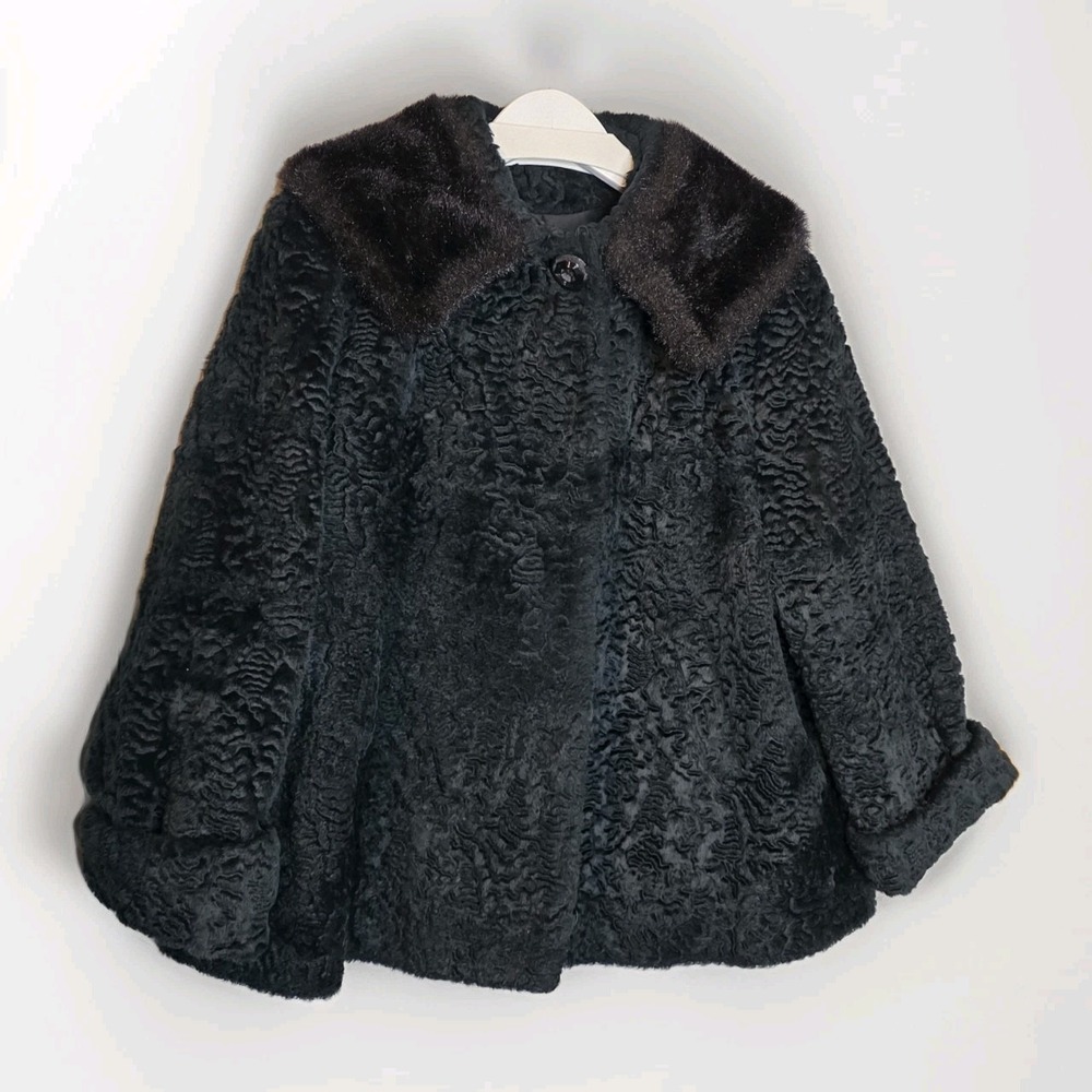 Vintage 60s Black Textured Swing‎ Coat Size 8 Fur Collar Mod Glam Luxurious